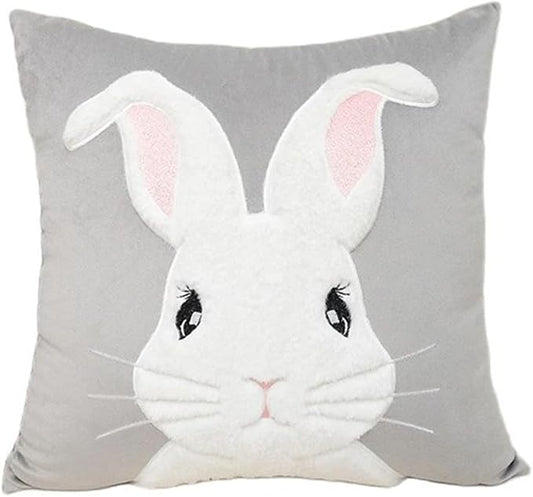 Spring Easter Throw Pillow Covers 18x18 Funny Bunny Pillowcase,3D Embroidered Rabbit Cushion Cover Velvet Decorative Throw Pillows for Home Decor (Light Gray -1PCS)