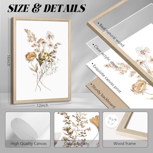 Watercolor Flower Wall Art Set of 6 Botanical Wildflower Wall Decor Boho Neutral Canvas Wall Art Vintage Prints Floral Pictures Minimalist Farmhouse Poster for Room Bedroom 12x16 Inch Wood Frame