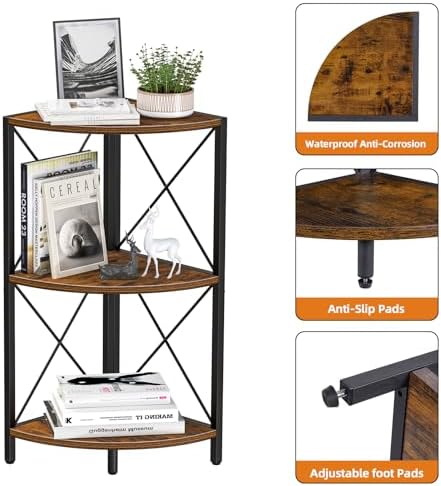 Snughome Corner Shelf with Metal Frame, 3 Tier Rustic Corner Storage Organizer, Freestanding Corner Bookshelf Stand Display Rack for Kitchen, Living Room