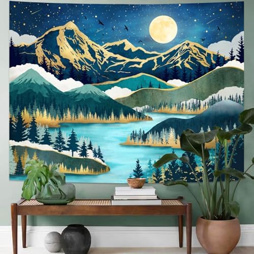Neasow Mountain Moon Tapestry, Nature Forest Tree Lake Landscape Tapestries Star Starry Night Teal Blue Wall Decor for Home Bedroom 60×80 inch