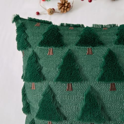UGASA Christmas Decorative Pillow Covers 18x18 Inch Soft Plush Faux Fur Jacquard Throw Pillows Pillowcases for Couch Sofa Holiday Festivals Winter Home Decor Set of 2 Dark Green
