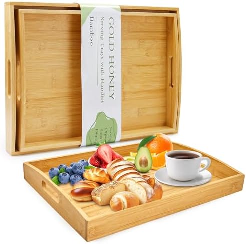 GOLD HONEY Bamboo Serving Tray with Handles, Wooden Serving Tray Set of 2