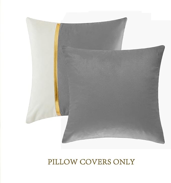 Fancy Homi 2 Packs Grey Decorative Throw Pillow Covers 18x18 Inch for Living Room Couch Bed, Velvet Patchwork with Gold Leather, Luxury Modern Farmhouse Home Decor, Accent Cushion Case 45x45 cm