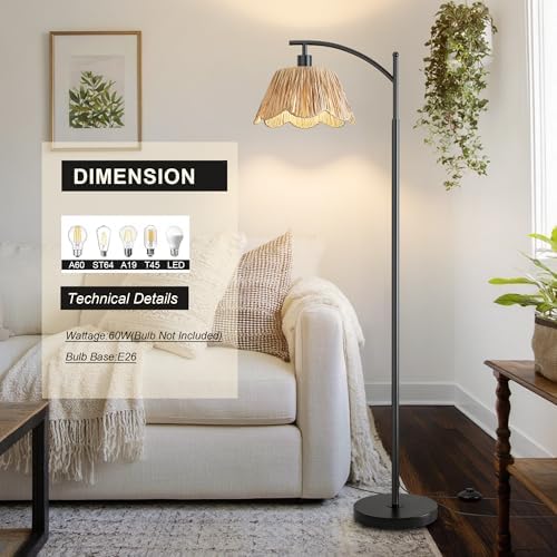 Oneach Boho Rattan Floor Lamp for Living Room, Farmhouse Standing Lamp with Hand-Woven Shade, Black Metal Base & Pole, Foot Switch - Corner Reading Lamp for Bedroom