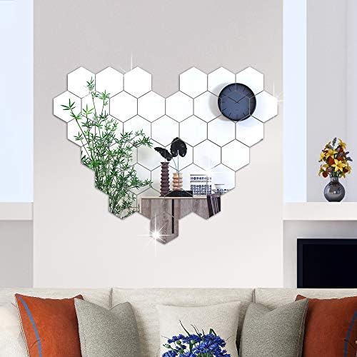 RW-103 36 PCS Acrylic Mirror Wall Stickers Hexagon Mirror Wall Decals DIY Removable 3D Geometric Hexagon Mirror Art Setting Wall Decor for Bedroom Living Room Office Kitchen Home Decoration (Silver)