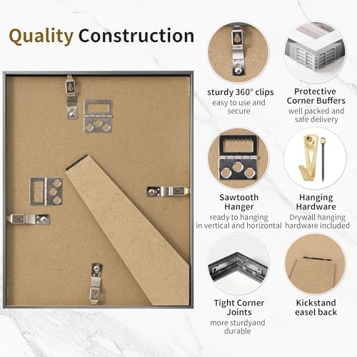 Fun Memories 8x10 Inch Metal Picture Frame - Aluminum Photo Frames - 5x7 Mat - Ideal for Wall or Tabletop Display - Wall Hook Hanging Hardware Included - Grey - Set of 1