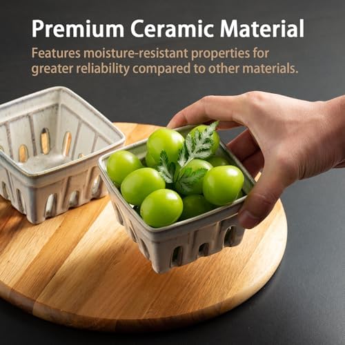 Ceramic Berry Basket, 4.2 in Square Set of 2 with Side Drain Holes