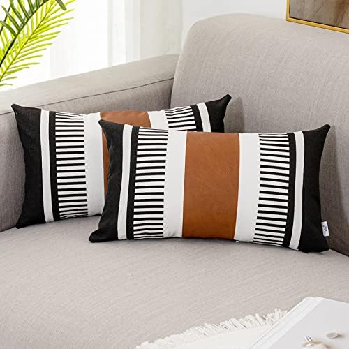 2 Pack 12x20 Lumbar Throw Pillow Covers, Faux Leather & Cotton Canvas with Black Stripes, Rectangular Decorative Pillow Case for Living Room, Sofa, Couch, Bedroom, Modern Farmhouse Home Decor