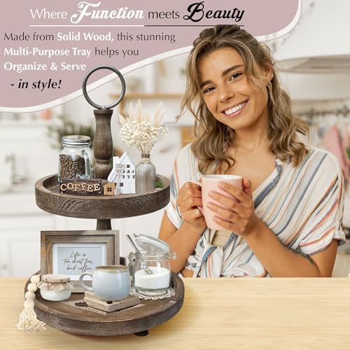 Premium Rustic Round 2 Tier Tray Stand - Farmhouse Wooden Tiered Tray Stand - Two Tiered Decorative Tray Centerpiece for Home Decor - Elegant Dessert Stand, Cupcake Stand, Coffee Bar Organizer
