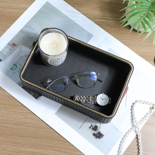 Desk Organizer Tray, PU Leather Nightstand Organizer, Black, Small