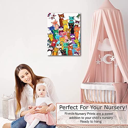 Funny Colorful Cat Bathroom Wall Art, Cute Cartoon Kitty Canvas Print | Framed Cat Poster Palyful Animal Picture Wall Decor for Bathroom Kids Bedroom Nursery Playroom 12x16 Inches