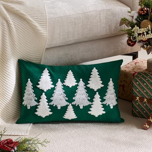 Green Christmas Pillow Covers 12x20 Inch Embroidery White Xmas Trees Decorative Lumbar Throw Pillow Cover Winter Holiday Pillow Case Cushion Cases for Sofa Couch Living Room Decorations
