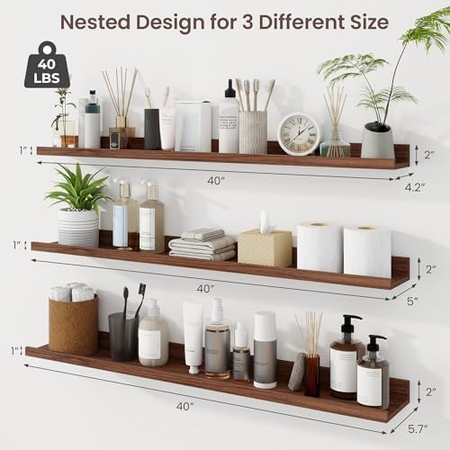 Axeman 40 Inch Floating Shelves, Walnut Picture Ledge Shelf Set of 3