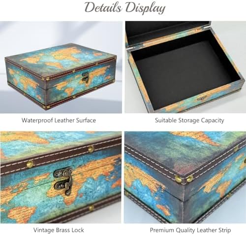 Treasure Box Vintage Wooden + PU Leather Decorative Trinket Jewelry Box Memento Case Box Keepsake Box Gifts For Kids Girls Women Men Home Decor (Map/Green, Medium)