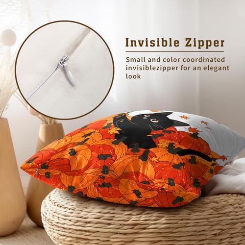 Fall Black Cat Throw Pillow Cover 22X22 Inch Set of 2 Autumn Pumpkins Maple Leaves Outdoor Pillow Cases Thanksgiving Harvest Farmhouse Square Cushion Cover For Sofa Porch Patio Home Decoration