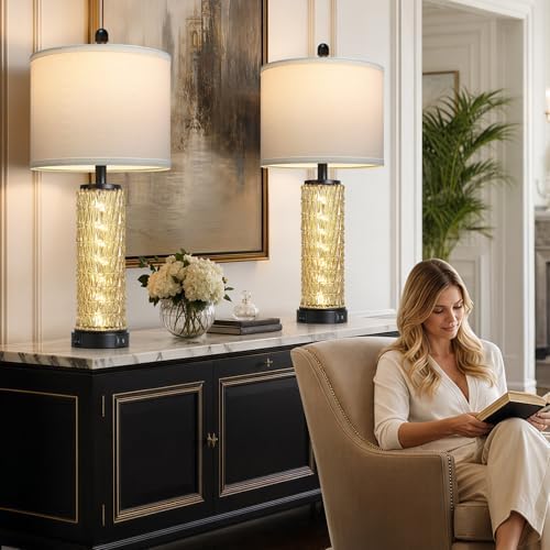 28" Crystal Table Lamp Set of 2, Bedside Lamp with LED Night Light & USB A+C Charging Ports, Glass Lamps for Bedroom Living Room Nightstand Office, 2 Bulbs Included