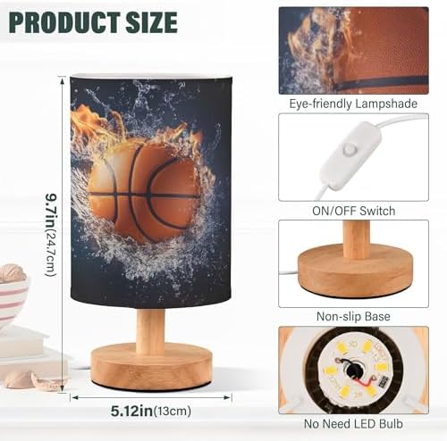 Table Lamp Fire Basketball in Water Nightstand Lamp with Wood Base Fabric Lamp Shade Bedside Desk Lamp for Living Room Bedroom Kids Room Office