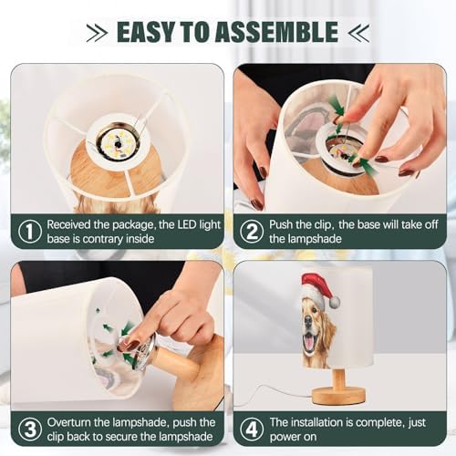 Christmas Golden Retriever Dog Santa Hat Bedside Table Lamps with USB Port for Bedroom Lamp Small Nightstand Lamp Sturdy Linen Shade Wooden Decorative Lamps for Nursery Kids Reading Dorm Home
