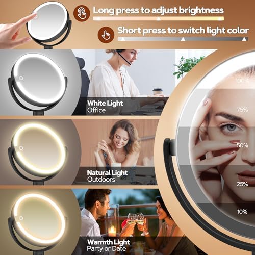 B Beauty Planet Vanity Mirror with Lights, 30X Magnifying Makeup Mirror, 3 Lighting and Adjustable Brightness, Rechargeable 2-Sided Height Adjustable Desk Mirror for Bedroom, Gifts for Women Black