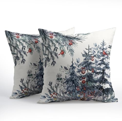 Christmas Tree Throw Pillow Covers 20x20 Inch Set of 2 Winter Watercolor Blue Grey Pine Trees Berry Bells Birds Decorative Pillowcase Xmas Holiday Cotton Linen Cushion Cover for Home Sofa Couch Patio