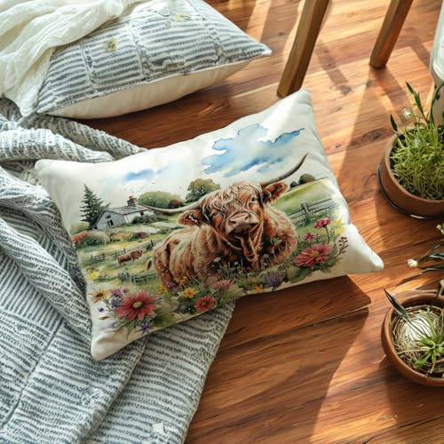 Highland Cow Decorative Throw Pillow Covers with Wildflowers 12×20 Inch Farmhouse Rustic Cushion Cover Western Cows Lumbar Pillowcase 2Pack for Couch Sofa (Green)