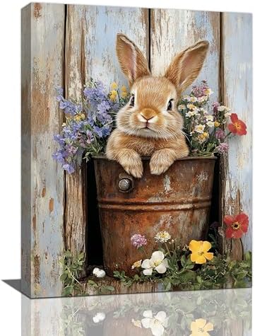 Crekviy Farmhouse Rabbit Decor Wall Art Vintage Bunny Flower Canvas Prints Painting Rustic Cute Animal Artwork Home Decorations for Bathroom Bedroom Living Room Framed Gifts 12"x16"