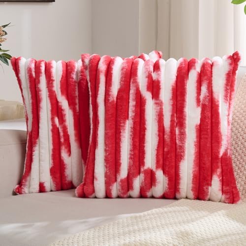 FUTEI Pack of 2 Faux Fur Throw Pillow Covers 22x22 Inch, Red White