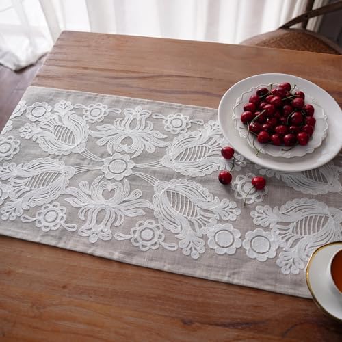 Embroidered Table Runner Boho Farmhouse Dresser Scarf, 14" x 56"