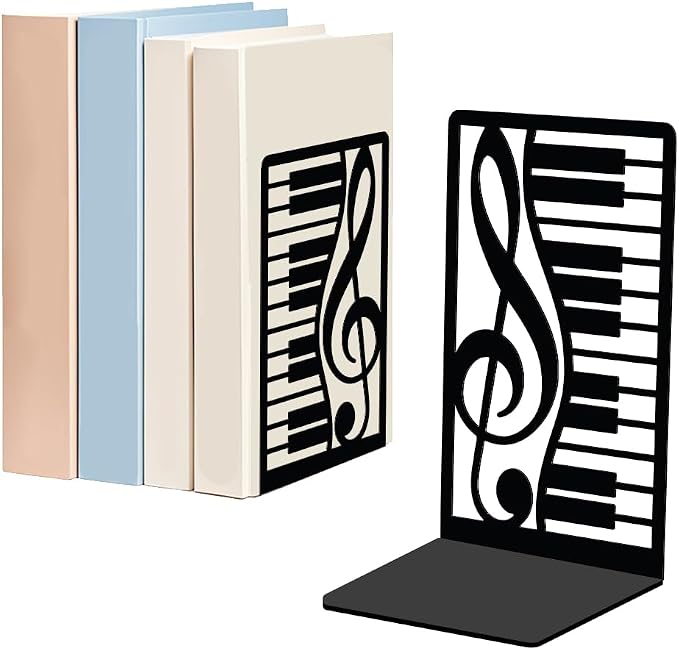 WADORN 1 Pair Piano Musical Notes Metal Decorative Bookend for Shelves, Heavy Duty Book Ends Non-Skid Books Holder Stand Black Book Support Stoppers for Music Books Desk Office Home, 5.3x4.3x7.9 Inch