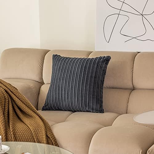 Kevin Textile Striped Corduroy 24”x24” Pillow Covers 2 Pack, Dark Grey