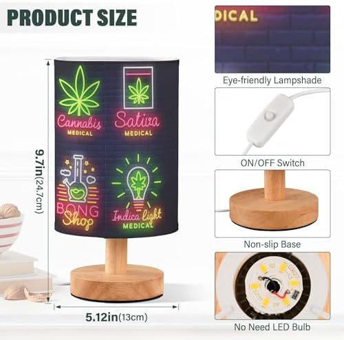 Table Lamp Neon Marijuana Cannabis Hemp Leaf Medical Sign Print Nightstand Lamp with Wood Base Fabric Lamp Shade Bedside Desk Lamp for Living Room Bedroom Kids Room Office