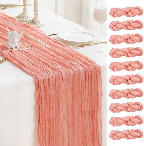 Sioloc 10 Pack Peach Coral Cheesecloth Table Runner 120'' x 35'',Spring Easter Decor Soft Gauze Boho Wedding Table Decor for 10ft Table Birthday Party,Baby Shower, Bridal Shower, Home & Event Decor