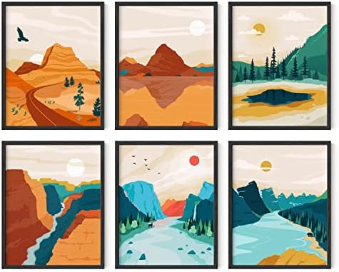 HAUS AND HUES Vintage National Park Posters - Set of 6 National Parks Art Prints, Nature Wall Art and Mountain Print Set, Abstract Prints of Mountain Wall Art (Black Frame, 11x14)