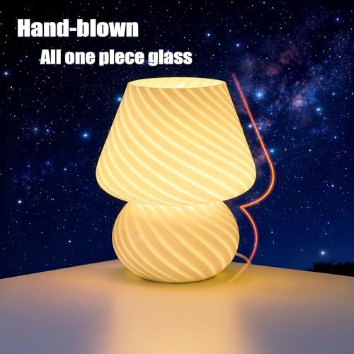 jonong Bedside Lamp Glass Striped Mushroom Table Lamp with 3 Color Modes LED Small Decorative Table Lamp for Gift Present,Suit for Bedroom, Living Room, Home Decor, Baby, Kids, Women (White)