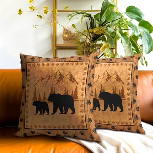 Bear Throw Pillow Covers 24x24 Inch Set of 2 Retro Brown Mountain Decorative Pillowcase Rustic Cabin Bear Hunting Animal Paw Prints Decorative Cotton Cushion Case for Home Sofa Bedroom