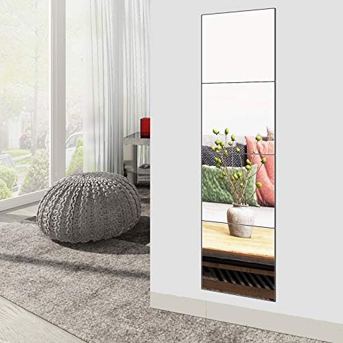 Glass Full Length Wall Mirror Tiles, 12" x 12" x 4PCS Home Gym Mirror | Frameless Wall Mounted Mirror for Garage, Bedroom, Living Room, Over The Door
