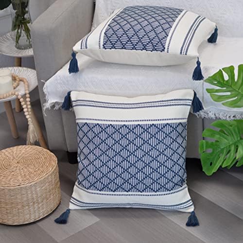 Boho Throw Pillow Covers with Tassels Navy Blue 16x16 inches Set of 2 Checkered Geometric Pattern/Decorative Square Pillow Covers for Couch Sofa Indoor Outdoor/Farmhouse Accent Pillow Cases
