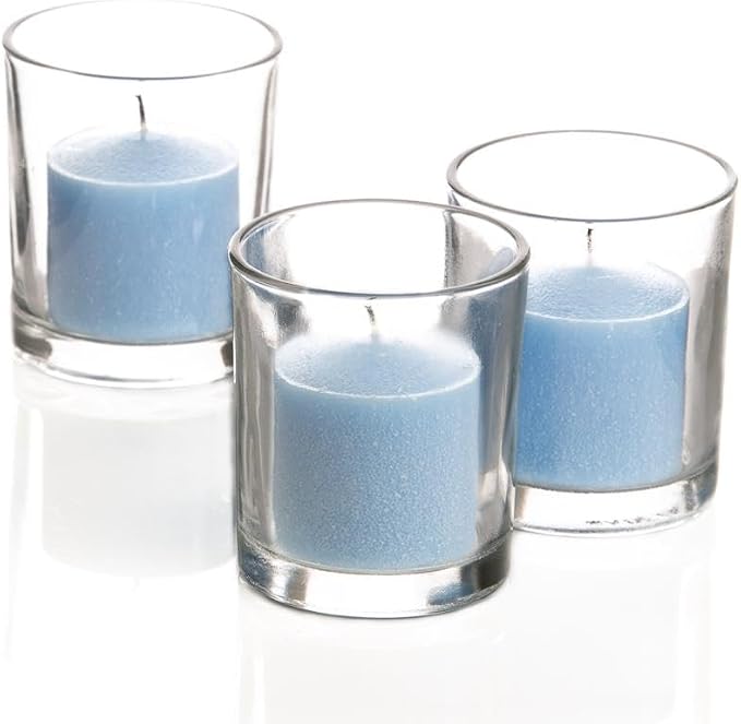 Set of 72 Light Blue Ocean Breeze Scented Richland Votive Candles and 72 Clear Glass Eastland Votive Holders