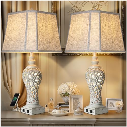 LuxSight Collection 32" Table Lamp Set of 2 with Nightlight and 2 USB Ports