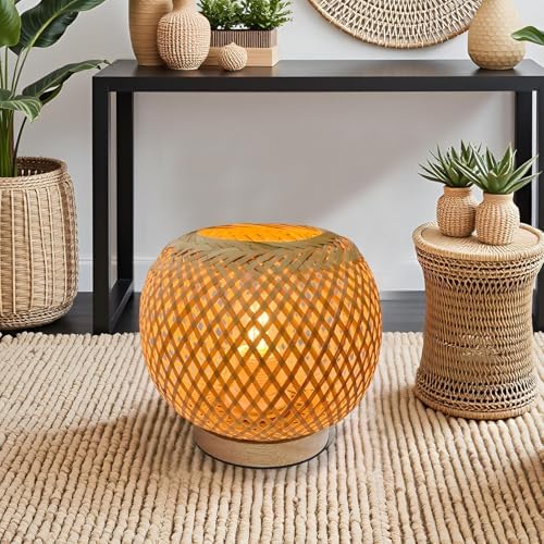 Small Rattan Lamp, Boho Table Lamp, Wicker Wooden Lamps with Dimmable & Timer Function, Boho Woven Lamps for Bedroom Living Room Desk Kids Room, 2700K G45 LED Bulb Included