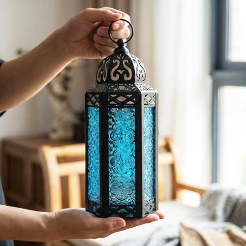 Vela Lanterns Decorative Indoor Moroccan Candle Holder, Blue, M, 3-Pack