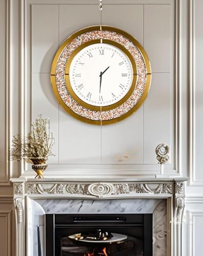 Crushed Diamond Wall Clock: Round Mirrored Clock 23.6 inch Brown