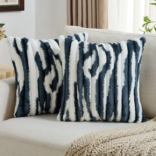 FUTEI Pack of 2 Faux Fur Throw Pillow Covers 18x18 Inch, Navy Blue White