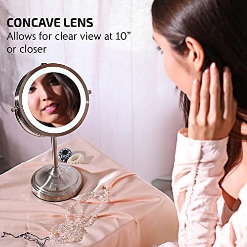 OVENTE 7'' Lighted Tabletop Makeup Mirror, 1X & 7X Magnifier, Spinning Double Sided Round LED, Great for Vanity, Bath, & Bedroom, Battery Powered, Nickel Brushed MCT70BR1X7X (Pack of 2)