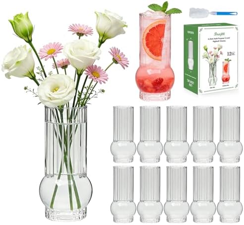 6.5Inch Drinking Glasses for Home Decor,12pcs Fluted Glass Vase Set | Ribbed Cylinder Glass Vases for Wedding Centerpiece, Modern Clear Glass Glass Tumbler Set for Living Room, Dining & Event