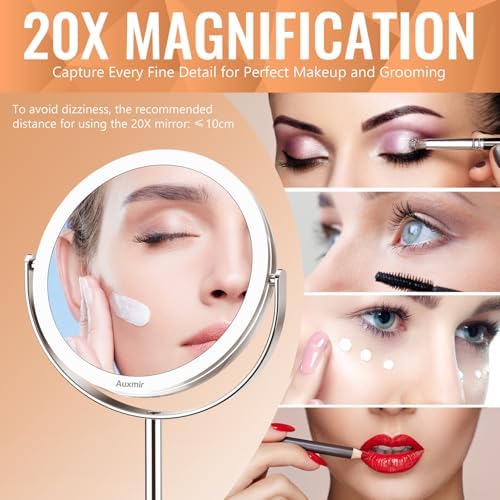 Auxmir 20X Magnifying Makeup Mirror, Double Sided 1X/20X Magnifying Mirror, Tabletop Magnified Vanity Mirror with Magnification, 360° Rotation, Stand for Dressing Table, Bathroom, Bedroom