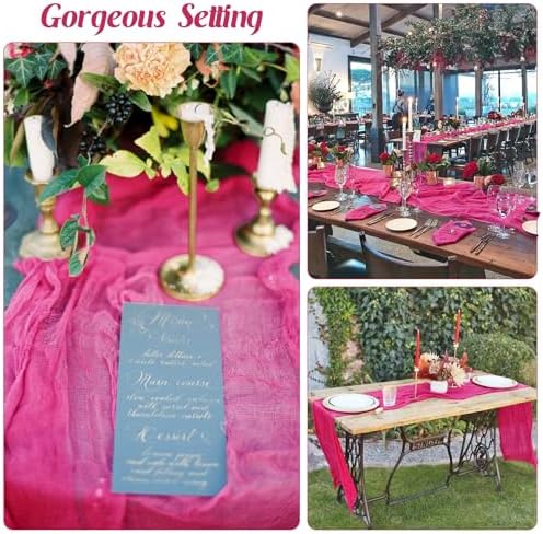 6 Pieces Hot Pink 10FT Cheesecloth Table Runner Boho Gauze Fabric Table Runner Rustic Sheer Runner for Wedding Birthday Baby Shower Party Boho Table Decoration（Hot Pink）
