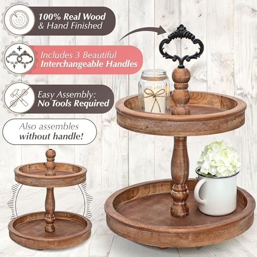 2 Tiered Tray Stand [Includes 3 Changeable Handles] - Rustic Cupcake Stand, Coffee Table Tiered Serving Tray for Kitchen Counter, Stunning Rustic Home Decor, Display Fruits, Plants, Candles (Brown)