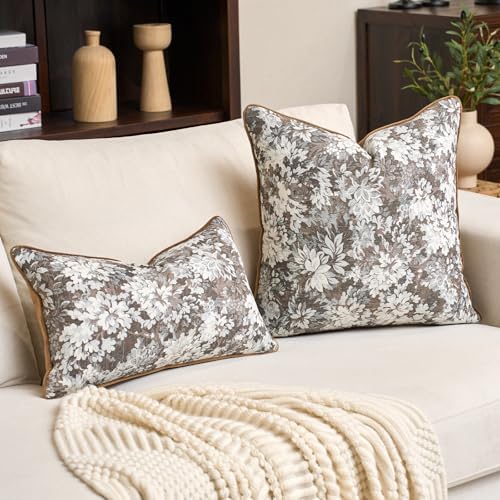 Alerfa Brown Neutral Floral Pillow Cover 20 x 20 Inch, Vintage Chenille Square Couch Pillow Cover Soft Decorative Farmhouse Accent Pillowcase for Living Room Bedroom