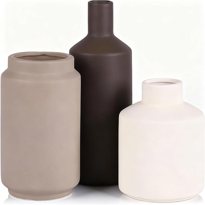 Neutral Ceramic Vase Set of 3 – Modern Decorative Vases, Small Flower Pottery Vase Sets, Boho Farmhouse Rustic Vases for Living Room, Kitchen, Bedroom, Bathroom, Shelf, Table